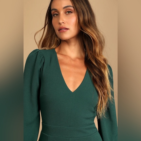 Lulus - Celebrating Romance Emerald Green Long Sleeve Wide-Leg Jumpsuit - Small - Picture 4 of 5